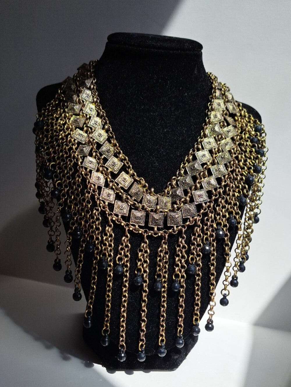 Antique Bronze or Gold-Tone Multi-Chain Fringe Bib Necklace
